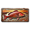 Redfish license plate featuring embossed-look copper-red fish swimming among reeds under a bayou sunset sky.