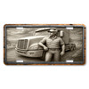 Stone relief-style truck driver standing beside a semi-truck on an open highway, flat printed on an aluminum license plate.