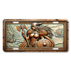 Viking shieldmaiden license plate featuring a female Norse warrior with axe and shield by the sea, printed on aluminum.
