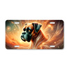 Boxer spirit dog artwork with glowing celestial light and swirling cosmic background printed on a flat sublimated aluminum license plate.