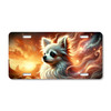 Chihuahua spirit dog artwork with glowing celestial light and sunset cosmic background printed on a flat sublimated aluminum license plate.