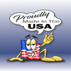 Cartoon graphic of a waving American flag character pointing to a speech bubble that reads Proudly Made in the USA.