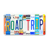 Letter art license plate spelling ROAD TRIP using colorful U.S. license plate inspired lettering, printed on flat sublimated aluminum.