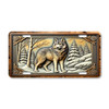 Wolf standing in a snowy winter forest illustrated on a 12x6 aluminum license plate, featuring detailed wildlife artwork in a winter woodland scene.