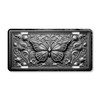 Black and white butterfly with floral scrollwork illustrated on a 12x6 aluminum license plate, featuring detailed monochrome decorative artwork.
