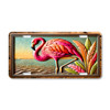 Pink flamingo standing in shallow coastal water illustrated on a 12x6 aluminum license plate, featuring tropical coastal artwork.