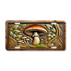 Forest mushrooms with leaves and moss illustrated on a 12x6 aluminum license plate with woodland-inspired artwork.