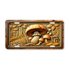 Forest mushroom patch with leaves and woodland path illustrated on a 12x6 aluminum license plate.