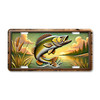 Aluminum license plate featuring a walleye leaping from a freshwater lake at sunset, classic fishing artwork printed on durable metal.