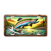 Fishing license plate featuring a steelhead trout leaping from a river, printed on aluminum.
