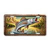 Fishing license plate featuring a snook leaping from calm coastal water, printed on aluminum.