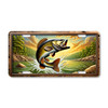 Fishing license plate featuring a smallmouth bass leaping from a rocky freshwater river, printed on aluminum.