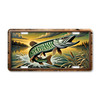 Fishing license plate featuring a muskie leaping from freshwater at sunset with splashing water, printed on aluminum.