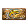 Fishing license plate featuring a Golden Dorado leaping from a river with splashing water and warm sunset tones, printed on aluminum.