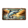 Fishing license plate featuring a Coho salmon leaping from a river at sunset with forested banks and splashing water, printed on aluminum.