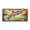 Fishing license plate featuring an Arctic char leaping from a scenic lake with mountains and shoreline, printed on aluminum in vibrant color.