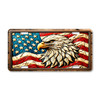 American bald eagle head over flowing American flag with stars on aluminum license plate with patriotic USA theme.