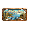 Great Lakes shoreline mountain and pine forest aluminum license plate featuring freshwater waves and northern coastal landscape artwork.