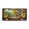 Alabama Yellowhammer state bird forest mountain license plate featuring detailed yellow songbird artwork on aluminum with pine branch and evergreen landscape background.