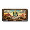 Arizona saguaro cactus desert landscape license plate featuring Southwest desert scene with red rock formations, desert plants, and dramatic sky artwork on aluminum plate.