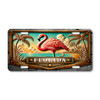 Florida flamingo tropical beach license plate featuring detailed pink flamingo artwork with palm trees, ocean shoreline, and coastal sky background on aluminum plate.