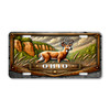 Ohio whitetail deer license plate featuring deer walking through tall field grass with sandstone cliffs and forest hills inspired by Hocking Hills landscape.