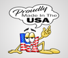 Cartoon graphic of a waving American flag character with arms, legs, and eyes, pointing upward to a speech bubble that reads "Proudly Made in the USA".