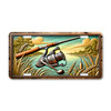 Fishing rod and spinning reel aluminum license plate featuring a lake sunset scene with tall grass and rustic outdoor artwork.