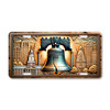 Liberty Bell Pennsylvania aluminum license plate featuring a historic Philadelphia skyline and patriotic artwork in warm golden tones.