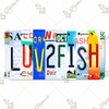 LUV 2 FISH license plate featuring colorful letter art design in rustic embossed-look artwork on aluminum.