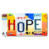 HOPE license plate featuring rustic letter collage art design in bold multicolor tones on aluminum.