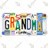 GRANDMA license plate featuring rustic letter collage art design in bold multicolor tones on aluminum.