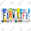 FARM LIFE license plate featuring rustic letter collage art design with multicolor textures on aluminum.