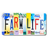 FARM LIFE license plate featuring rustic letter collage art design with multicolor textures on aluminum.