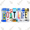 BOAT LIFE license plate featuring rustic letter collage art design in bold multicolor tones on aluminum.