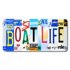 BOAT LIFE license plate featuring rustic letter collage art design in bold multicolor tones on aluminum.