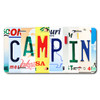 CAMPIN license plate featuring rustic letter collage art design in bold multicolor tones on aluminum.