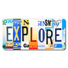 EXPLORE license plate featuring rustic letter collage art design in multicolor tones on aluminum.