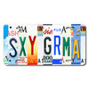 Sexy Grandma license plate featuring colorful rustic letter-art collage design on aluminum.