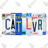 Cat Lover license plate featuring rustic letter-art collage design in colorful tones on aluminum.