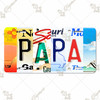 Papa license plate featuring collage-style state letters in rustic Americana design on aluminum.