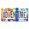 Adventure license plate featuring collage-style state letters in rustic travel design on aluminum.