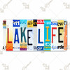 Lake Life license plate featuring collage-style state letters in rustic outdoor design on aluminum.