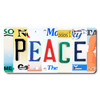 Peace license plate featuring collage-style state letters in rustic inspirational design on aluminum.