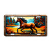 Horse license plate featuring a running stallion in front of a vibrant autumn forest and river backdrop in rustic embossed-look artwork on aluminum.