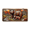 Mama Bear with Cub license plate featuring rustic mountain forest and stream scene in bronze and copper tones on aluminum.