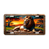 Lion license plate featuring rustic African savanna scene with majestic lion at sunset in embossed-look artwork on aluminum.