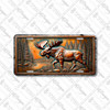 Moose license plate featuring a rustic forest scene in bronze and copper tones with embossed-look artwork on aluminum.