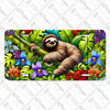 Sloth license plate featuring a colorful tropical jungle with orchids, lush leaves, and embossed-look artwork on aluminum.