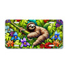 Sloth license plate featuring a colorful tropical jungle with orchids, lush leaves, and embossed-look artwork on aluminum.